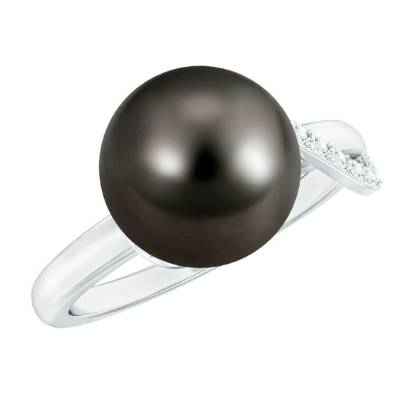 Rosec Jewels Black Tahitian Pearl Solitaire Ring with Diamond, Designer Ring (10 mm, 7.75 CT), 925 Sterling Silver, US 4.00
