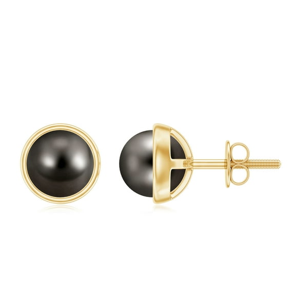 Rosec Jewels Black Tahitian Pearl Solitaire Stud Earrings (10 mm, AAA Quality, June Birthstone), 14K Yellow Gold