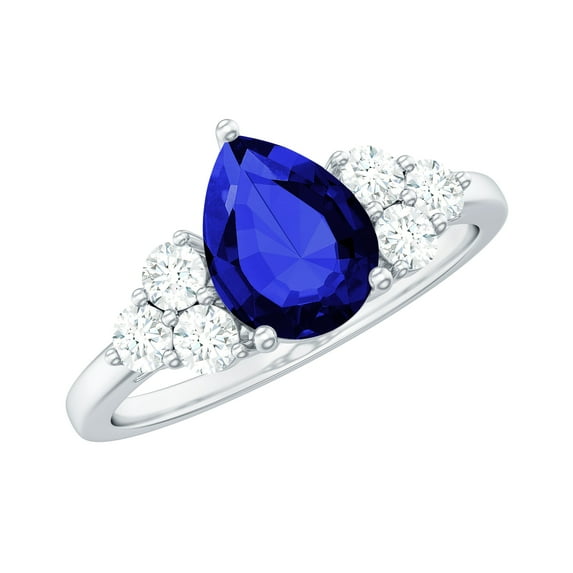 Rosec Jewels Blue Sapphire Engagement Ring with Diamond Trio - 6X8 mm Pear Shaped Lab Grown Sapphire - AAAA Grade, 10K White Gold, US 7.50