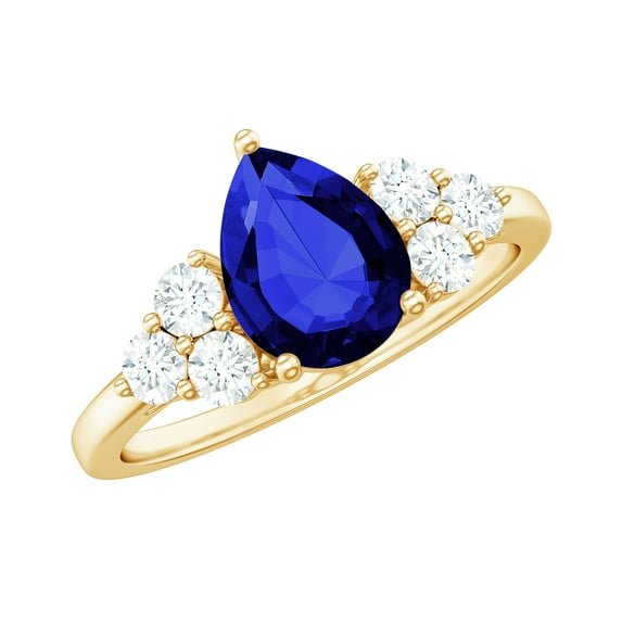 Rosec Jewels Blue Sapphire Engagement Ring with Diamond Trio - 6X8 mm Pear Shaped Lab Grown Sapphire - AAAA Grade, 18K Yellow Gold, US 4.00