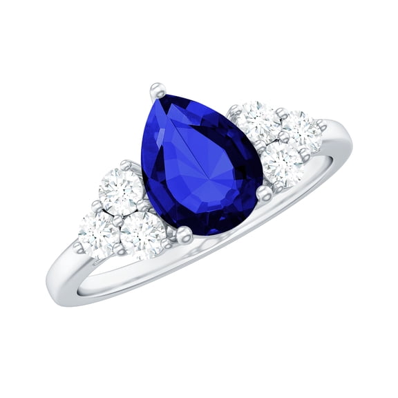 Blue Sapphire Engagement Ring with Diamond Trio - 1.6 Ct Pear Shaped Lab Grown Sapphire - AAAA Grade, 925 Sterling Silver, US 4.00