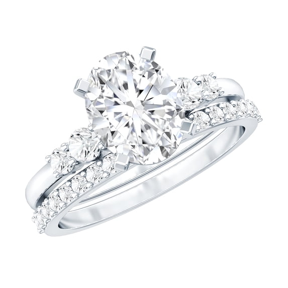 Rosec Jewels Bridal Rings Set - Lab Created Diamond Oval Engagement Ring with Wedding Band, 14K White Gold, US 10.00