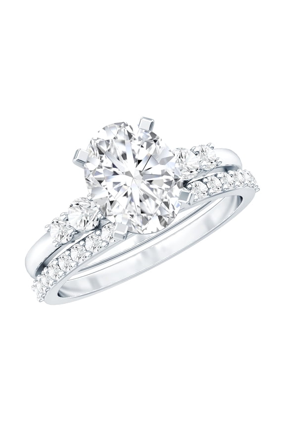 Bridal Ring Set - 2 Carat Oval Lab Grown Diamond Engagement Ring with Wedding Band (EF-VS Grade) - with Jewelry Box, 14K White Gold, US 4.00