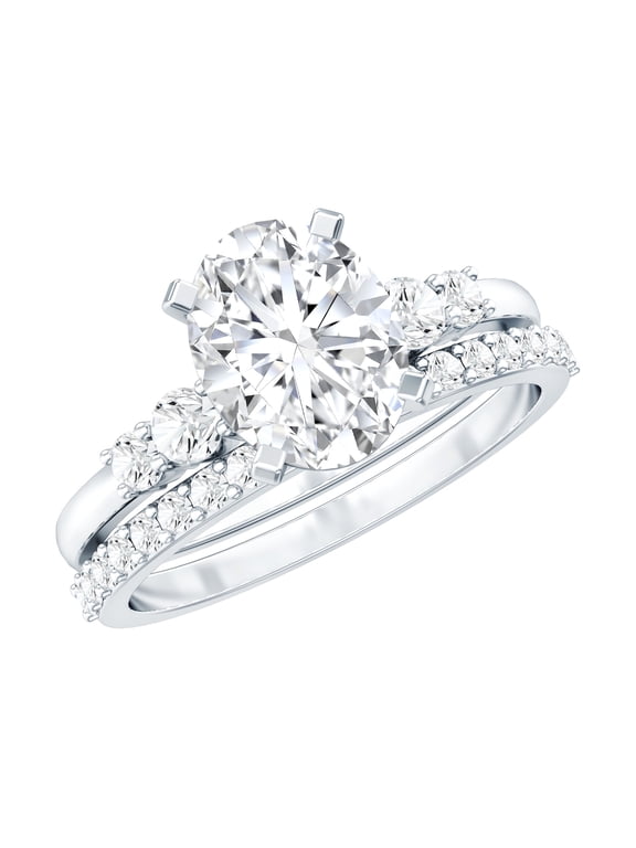2 Ct Oval Lab Grown Diamond Engagement Ring with Wedding Band (EF-VS Grade) - Bridal Ring Set of 2 - with Jewelry Box, 925 Sterling Silver, US 9.00