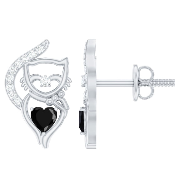 Rosec Jewels Black Onyx Cat Stud Earrings for Women - AAA Quality - Black Onyx Diamond Earrings with Screw Back - Ready to Gift, 10K White Gold
