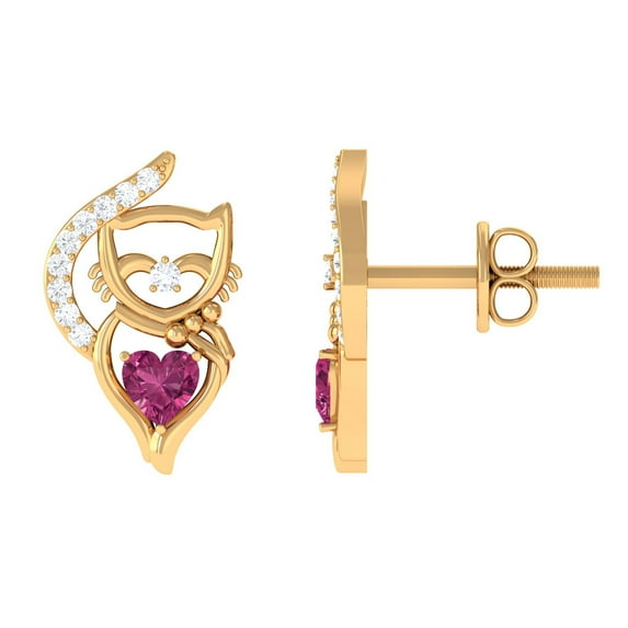 Rosec Jewels Cat Stud Earrings for Women - Heart Shape Pink Tourmaline Earrings with Diamond, 14K Yellow Gold
