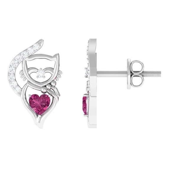 Rosec Jewels Cat Stud Earrings for Women - Heart Shape Pink Tourmaline Earrings with Diamond, 925 Sterling Silver