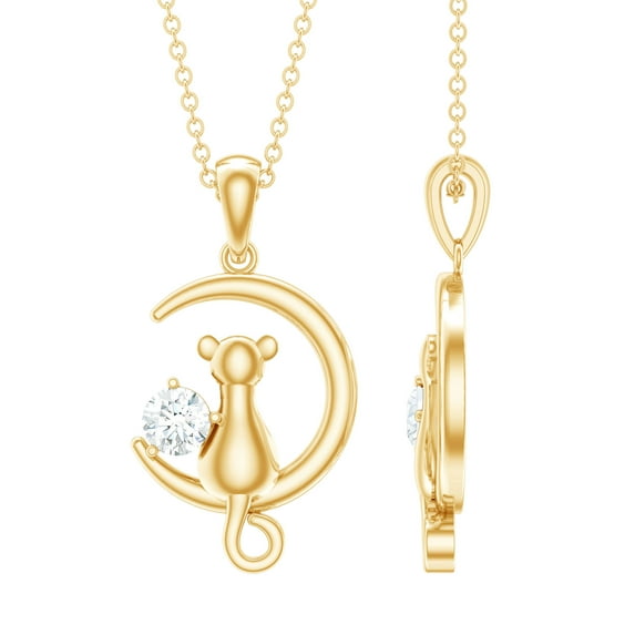 Rosec Jewels Cat on Moon Pendant with Diamond for Women (HI-SI Grade, April Birthstone), 18K Yellow Gold