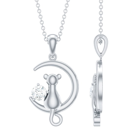 Rosec Jewels Cat on Moon Pendant with Diamond for Women (HI-SI Grade, April Birthstone), 925 Sterling Silver