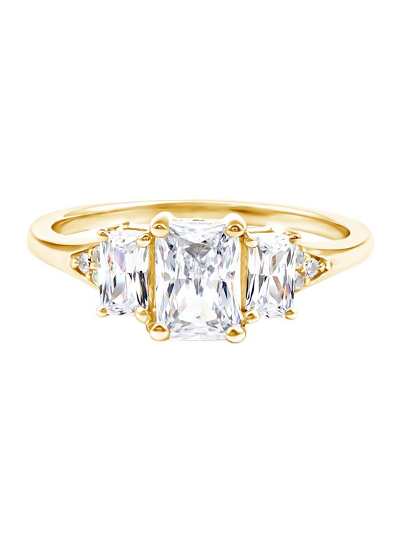 Certified Lab Created Diamond Three Stone Engagement Ring - EF-VS Grade Diamond Emerald Cut Ring - With Jewelry Box, 14K Yellow Gold, US 9.00