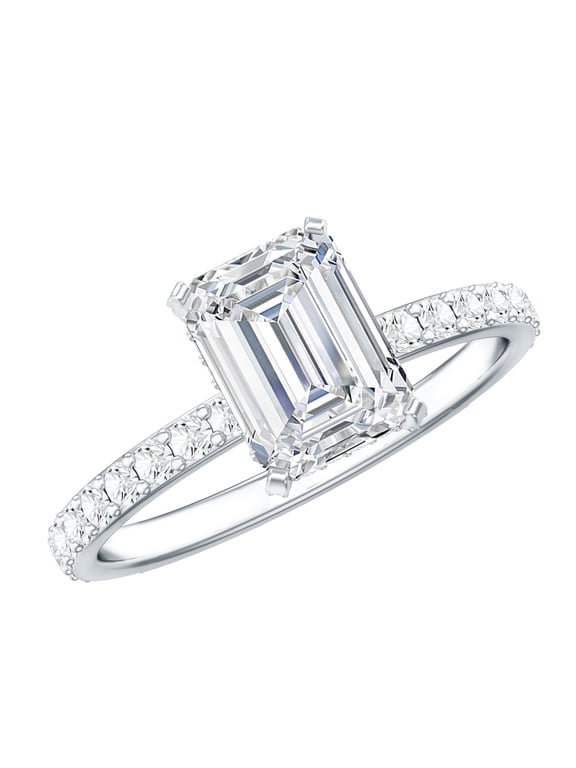Certified Lab Grown Diamond Emerald Cut Engagement Ring - 2 Carat - EF-VS Quality Diamond Ring with Hidden Halo, 925 Sterling Silver, US 7.00