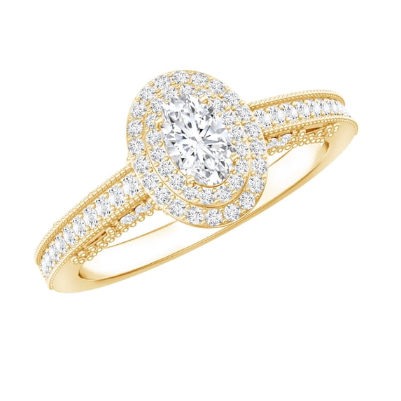 Rosec Jewels Certified Lab Grown Diamond Oval Engagement Ring for Women - Double Halo Ring - EF-VS Quality - with Jewelry Box, 10K Yellow Gold, US 6.50