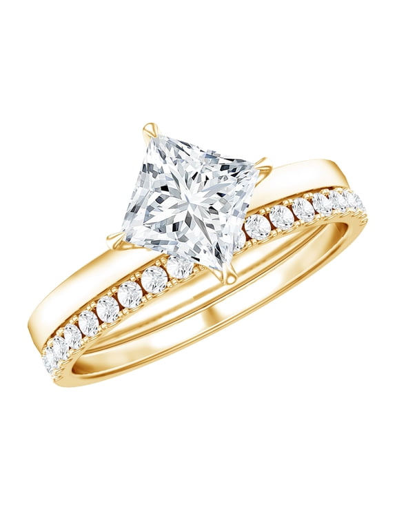 Certified Lab Grown Diamond Wedding Bridal Ring Set - 1 Carat Princess Cut Engagement Ring with Enhancer - EF-VS Grade, 14K Yellow Gold, US 7.00