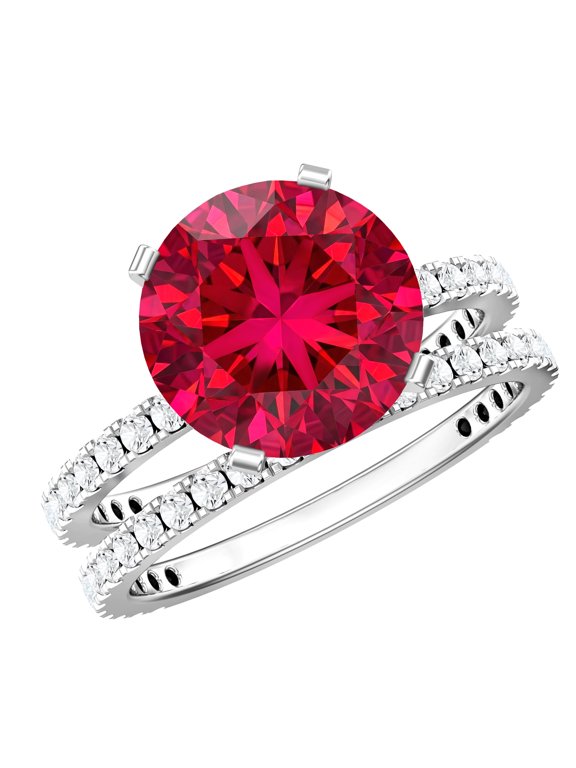 Certified Lab Grown Ruby 5 Carat Engagement Ring with Wedding Band - AAAA Quality, 925 Sterling Silver, US 13.00