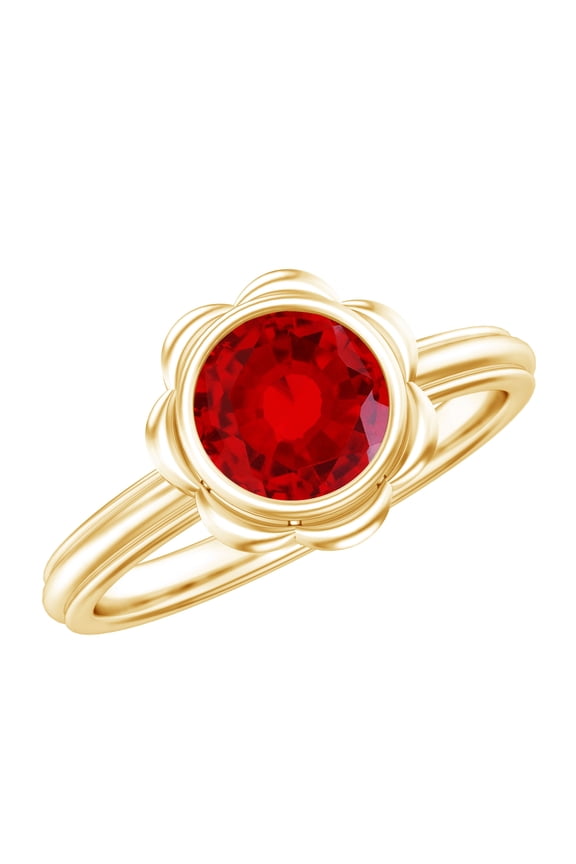 Certified 1 Carat Lab Grown Ruby Engagement Ring (AAAA Quality) - Bezel Set Ruby Flower Ring - with Jewelry Box, 14K Yellow Gold, US 5.00