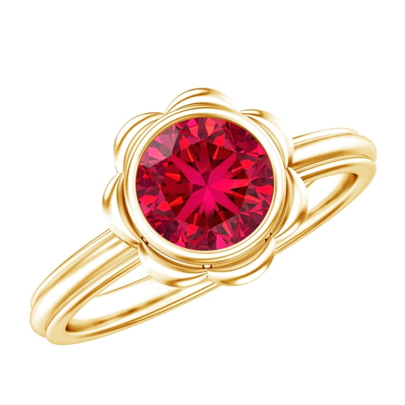 Rosec Jewels Certified 1 Carat Lab Grown Ruby Engagement Ring (AAAA Quality) - Bezel Set Ruby Flower Ring - with Jewelry Box, 18K Yellow Gold, US 7.00