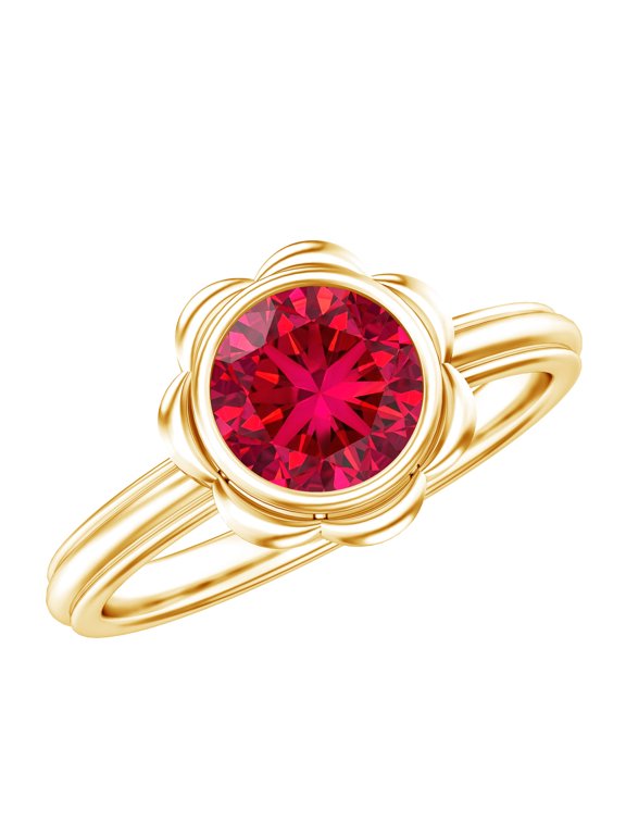 Certified 1 Carat Lab Grown Ruby Engagement Ring (AAAA Quality) - Bezel Set Ruby Flower Ring - with Jewelry Box, 18K Yellow Gold, US 9.00