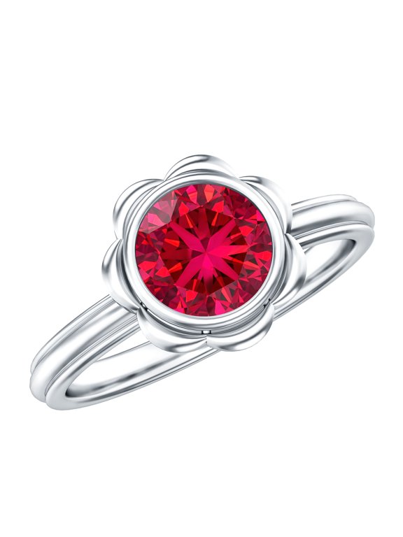 Certified 1 Carat Lab Grown Ruby Engagement Ring (AAAA Quality) - Bezel Set Ruby Flower Ring - with Jewelry Box, 925 Sterling Silver, US 11.00