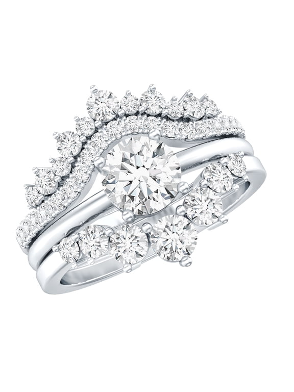Certified Moissanite 3 Piece Wedding Ring Set for Women - Moissanite Engagement Ring with Enhancer - D-VS1 Quality, 10K White Gold, US 7.00
