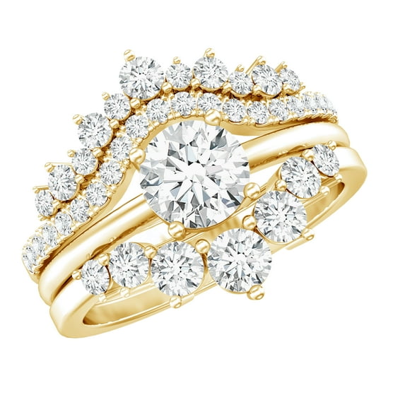 Rosec Jewels Certified Moissanite 3 Piece Wedding Ring Set for Women - Moissanite Engagement Ring with Enhancer - D-VS1 Quality, 14K Yellow Gold, US 3.00