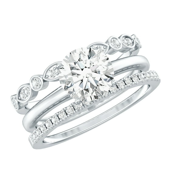 Rosec Jewels Certified Moissanite Engagement Ring Set with Bands , Wedding Set of 3 - D-VS1 Quality, 18K White Gold, US 7.50