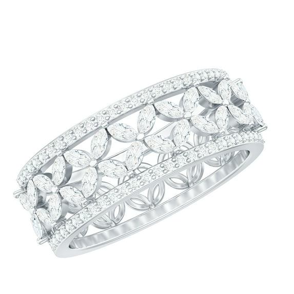 Rosec Jewels Certified Moissanite Wedding Band for Women (D-VS1 Quality) Wide Floral Band Ring for Bride - with Jewelry Box, 18K White Gold, US 4.00