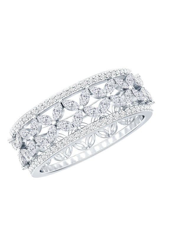 Certified Moissanite Wedding Band for Women (D-VS1 Quality) Wide Floral Band Ring for Bride - with Jewelry Box, 925 Sterling Silver, US 4.00