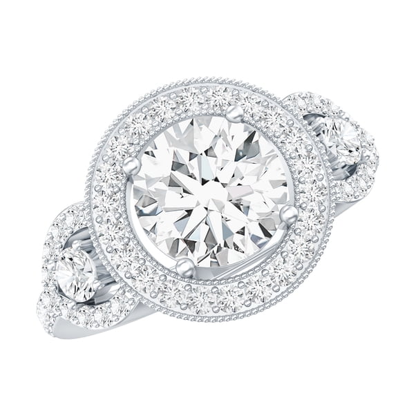 Rosec Jewels Certified Moissanite Halo Engagement Ring 2 Carat - Moissanite Statement Ring (8mm, D-VS1 Grade), 925 Sterling Silver, US 4.00