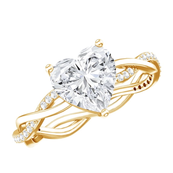 Rosec Jewels Certified Moissanite Heart Engagement Ring 2 Carat - Braided Ring for Women - 8 mm - D-VS1 Quality, 18K Yellow Gold, US 7.00