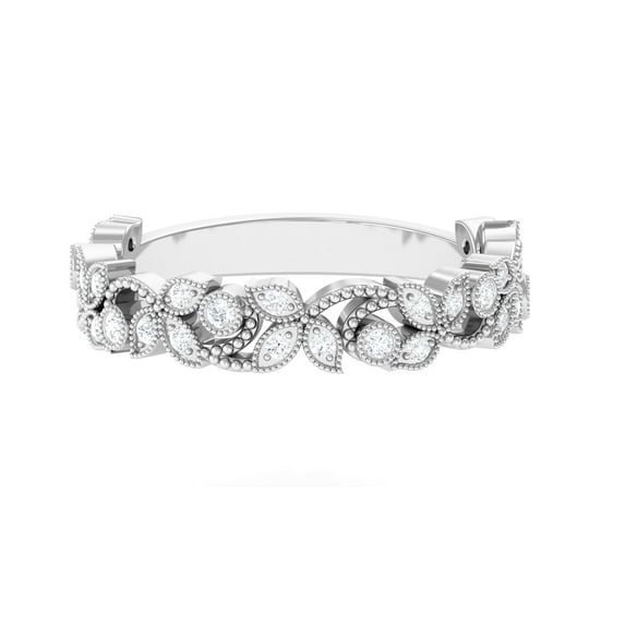 Rosec Jewels Certified Moissanite Leaf Band Ring for Women - D Color VS1 Clarity, 10K White Gold, US 11.50