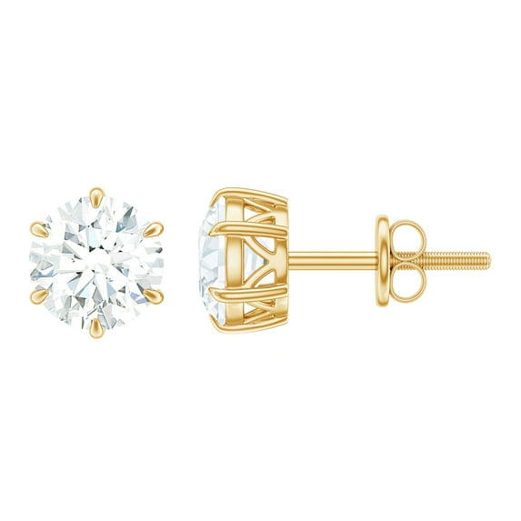 Rosec Jewels Certified Moissanite Solitaire Stud Earrings for Women (D-VS1 Quality, 6 mm), 14K Yellow Gold