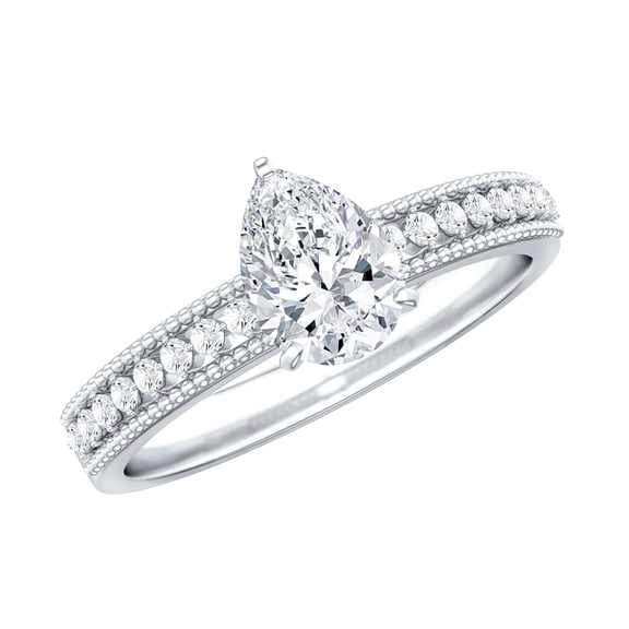 Rosec Jewels Certified Moissanite Teardrop Engagement Ring with Side Stones - 5X7 mm Solitaire Ring - D-VS1 Grade, 925 Sterling Silver, US 4.00
