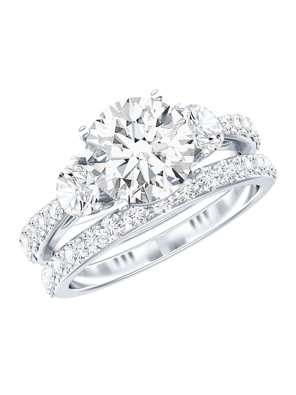 Certified Moissanite Wedding Ring Set of 2 - Three Stone Engagement Ring with Wedding Band - D-VS1 Quality, 925 Sterling Silver, US 10.00