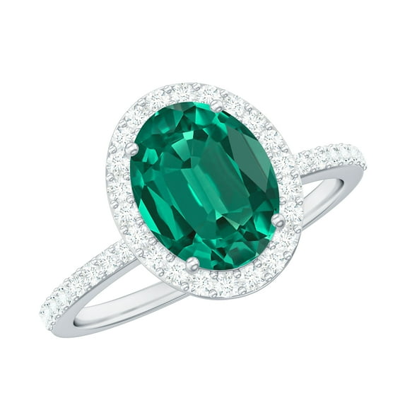Rosec Jewels Classic Created Emerald Ring with Diamond Halo for Women (AAAA Quality), 14K White Gold, US 11.00