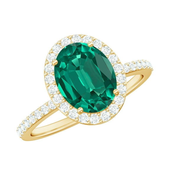Classic Created Emerald Ring with Diamond Halo for Women (AAAA Quality), 18K Yellow Gold, US 11.00