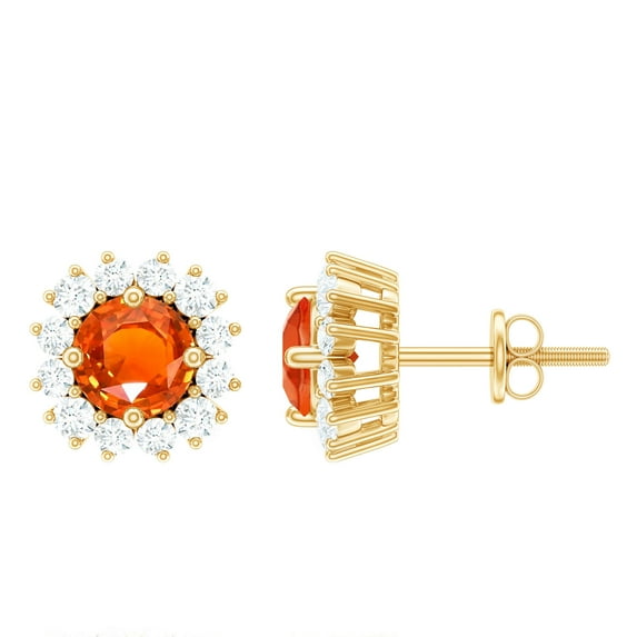 Rosec Jewels Classic Created Orange Sapphire Stud Earrings with Diamond Halo - AAAA Grade, 18K Yellow Gold