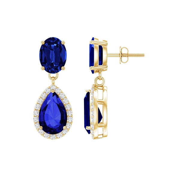 Rosec Jewels Certified Lab Grown Blue Sapphire Drop Earrings for Women - Teardrop Earrings - AAAA Quality - with Jewelry Box, 18K Yellow Gold