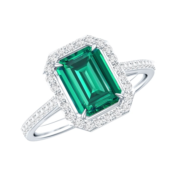 Rosec Jewels Certified Lab Grown Emerald Cut Emerald Engagement Ring with Halo - Statement Ring - AAAA Quality - with Jewelry Box, 10K White Gold, US 13.00
