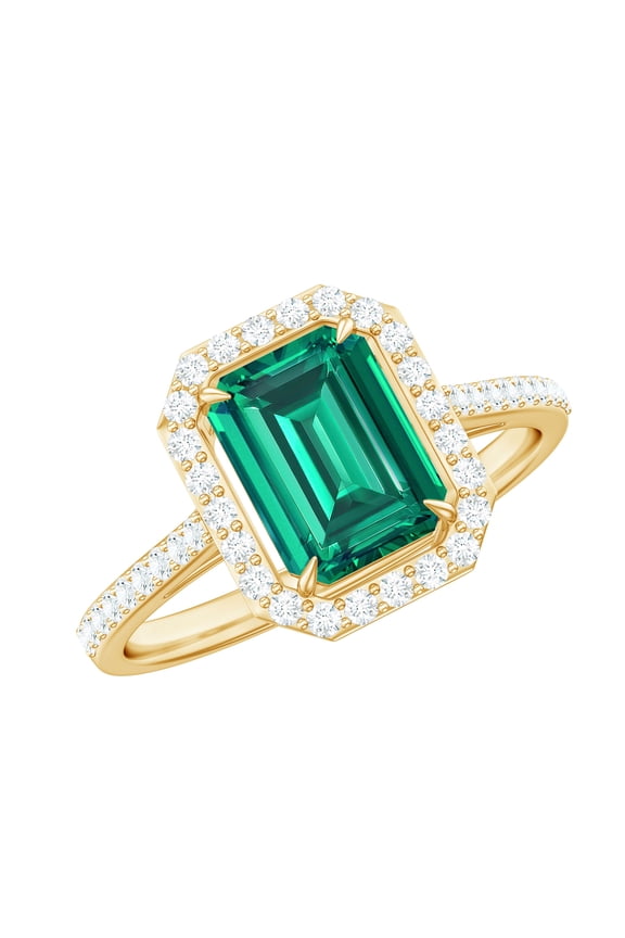 Certified Lab Grown Emerald Cut Emerald Engagement Ring with Halo - Statement Ring - AAAA Quality - with Jewelry Box, 14K Yellow Gold, US 6.00