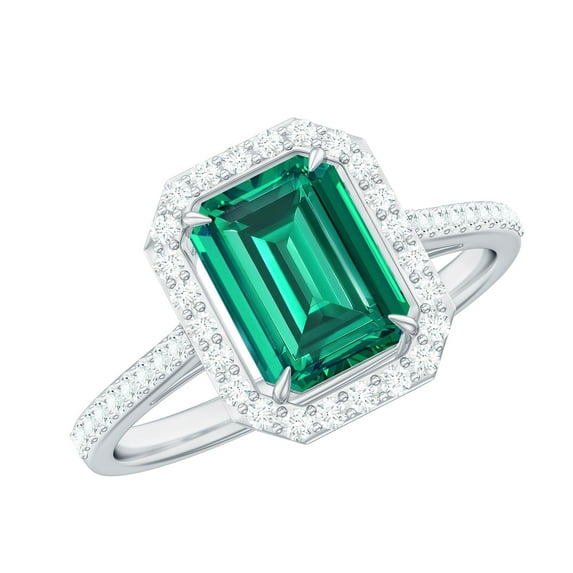 Rosec Jewels Classic Emerald Halo Ring with Moissanite - 6X8 mm Lab Grown Emerald - AAAA Grade, 18K White Gold, US 8.50