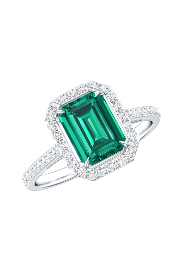 Certified Lab Grown Emerald Cut Emerald Engagement Ring with Halo - Statement Ring - AAAA Quality - with Jewelry Box, 925 Sterling Silver, US 4.00