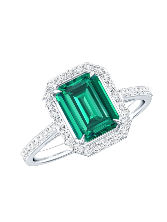 Certified Lab Grown Emerald Cut Emerald Engagement Ring with Halo - Statement Ring - AAAA Quality - with Jewelry Box, 925 Sterling Silver, US 4.00