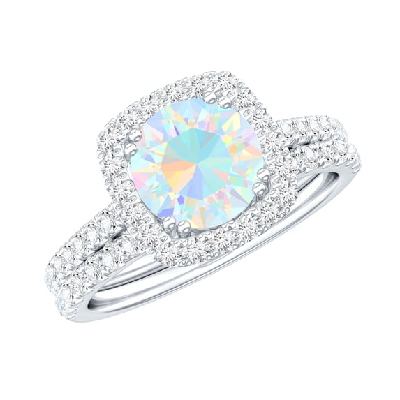 Rosec Jewels Classic Ethiopian Opal Wedding Ring Set - 2 Carat Opal Engagement Ring with Band - AAA Quality - with Jewelry Box, 14K White Gold, US 11.00