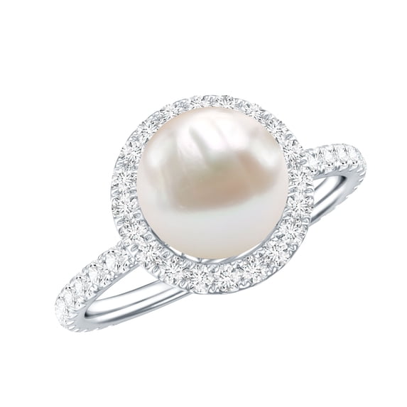 Rosec Jewels Natural Freshwater Pearl Engagement Ring with Halo - Pearl Diamond Ring for Women - 7 Carat - AAA Quality, 14K White Gold, US 4.50