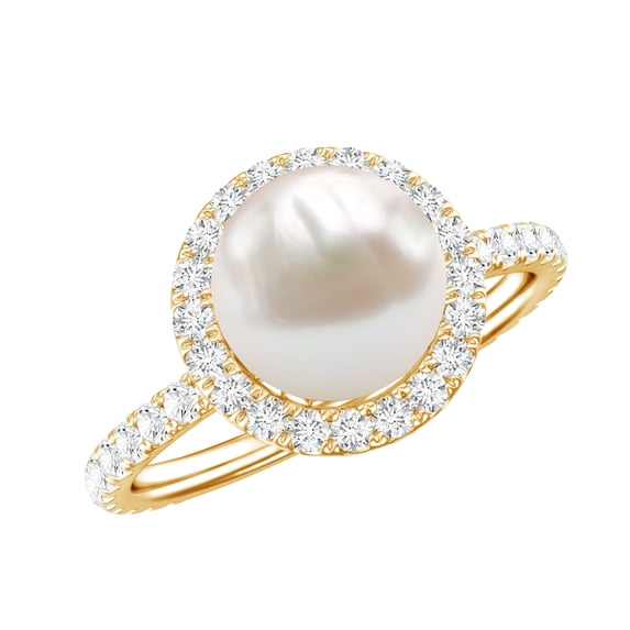 Rosec Jewels Natural Freshwater Pearl Engagement Ring with Halo - Pearl Diamond Ring for Women - 7 Carat - AAA Quality, 18K Yellow Gold, US 7.00