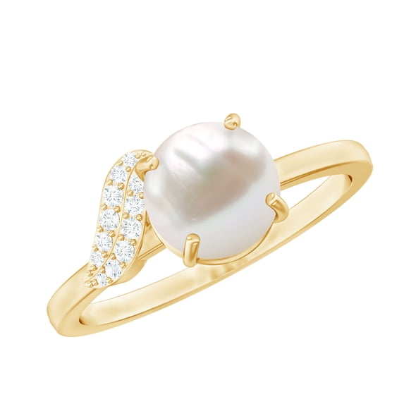 Rosec Jewels Classic Freshwater Pearl Ring with Diamond, June Birthstone Ring (7 mm), 14K Yellow Gold, US 7.50