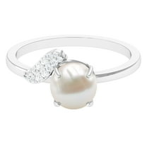 Rosec Jewels Classic Freshwater Pearl Ring with Diamond, June Birthstone Ring (7 mm), 925 Sterling Silver, US 4.00