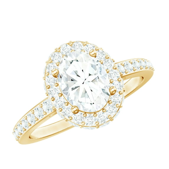 Rosec Jewels Certified Moissanite Oval Engagement Ring 1 Ct - Moissanite Halo Ring - 6X8 mm - D-VS1 Quality, 18K Yellow Gold, US 13.00