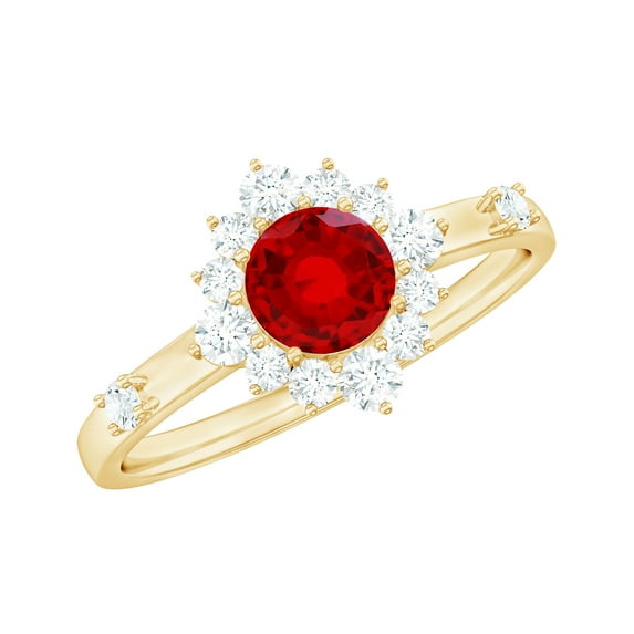 Rosec Jewels Classic Lab Grown Ruby Engagement Ring with Halo (AAAA Quality Certified) Ruby Diamond Ring - with Jewelry Box, 14K Yellow Gold, US 3.00