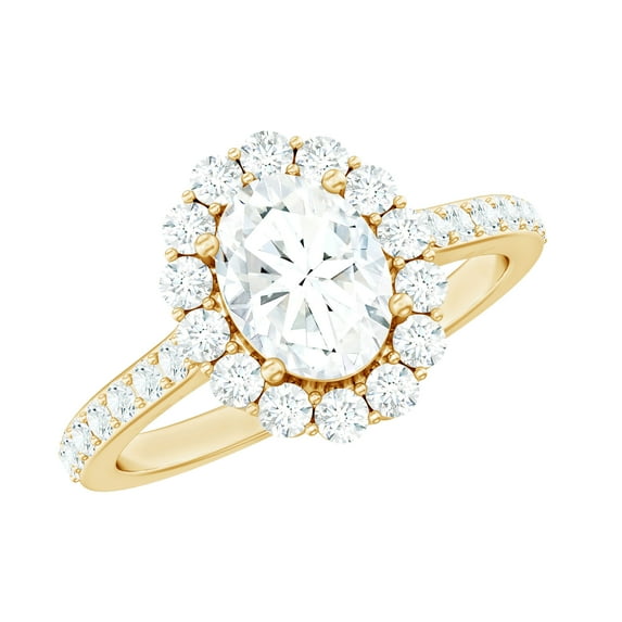 Rosec Jewels Certified Moissanite Oval Engagement Ring 1 Carat - Vintage Style Ring with Halo (6X8 mm, D-VS1 Grade), 14K Yellow Gold, US 5.50